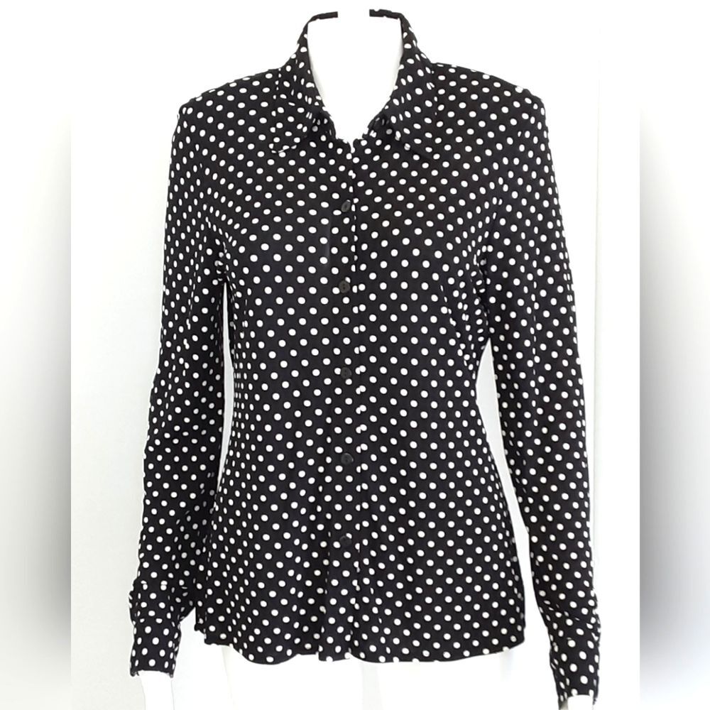 Gianni Black | White Polka Dot Button Down Shoulder Padded Shirt Sz 10 - Vtg